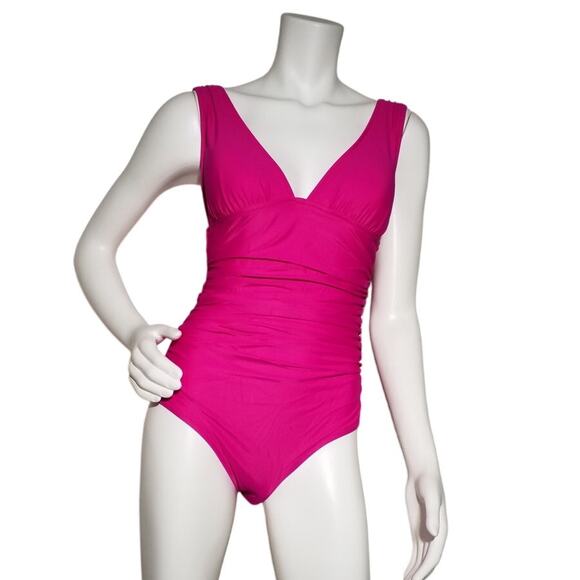 J.Crew Pink Ruched V-Neck One-Piece Swimsuit Sz 10 UPF 50 - Picture 1 of 7